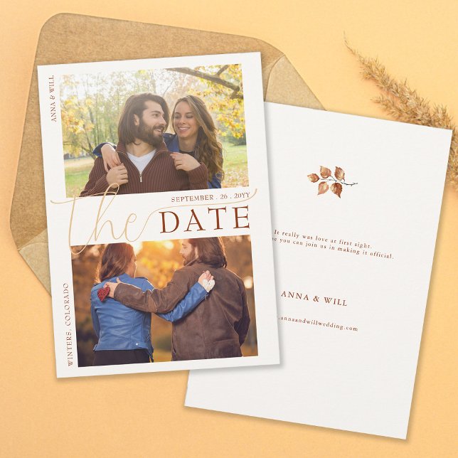 Herbstausgänge Terracotta Moderne Hochzeit im Herb Save The Date (Autumn Leaves Fall Wedding Photo Save the Date Elegant Modern Calligraphy Terracotta Foliage Orange)