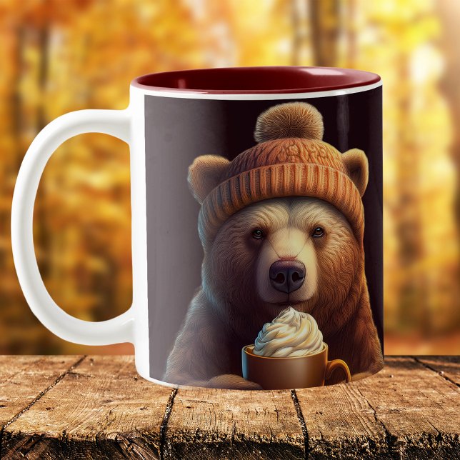 Herbstbär Erntedank Pumpkin Gewürz Heiße Kakao Zweifarbige Tasse (Cozy Autumn Aesthetic Hot cocoa Bear Mug Woolly Hat Bear with Coffee Mug Bear Lover Gift Autumnal )