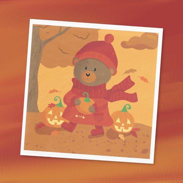 Herbstbär mit Kürbis Halloween-Papier Servietten (Cute fall paper napkin featuring  a brown bear picking up a pumpkin for Halloween . )