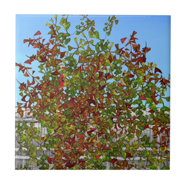 Herbstbaum Kardinal Birds Keramik Tile Fliese (Vorderseite)