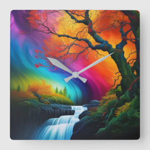 Herbstbaum, Regenbogenhimmel Wasserfälle Quadratische Wanduhr