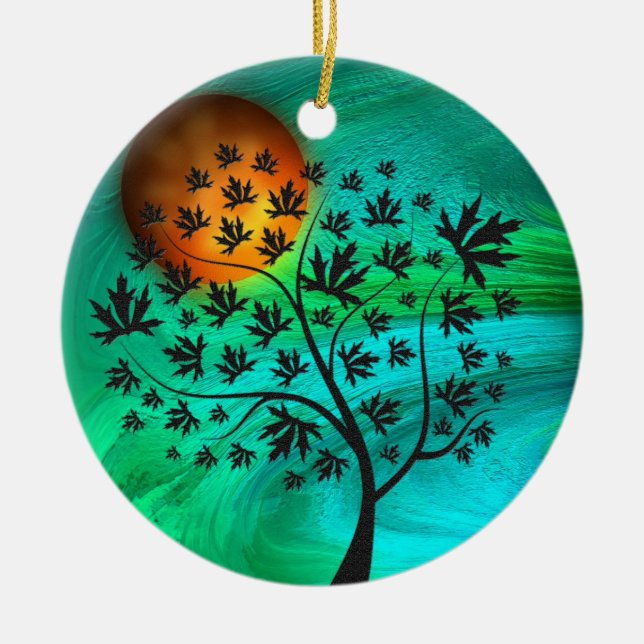 Herbstbaum und Erntemond Keramik Ornament (Vorne)