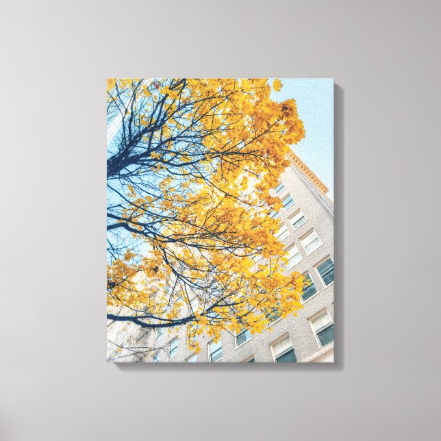 Herbstbaum und Gebäude-Fassade Leinwanddruck (Vorderseite)