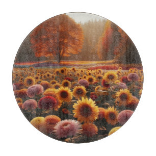 Herbstbäume/Feld mit Chrysanthemen Schneidebrett