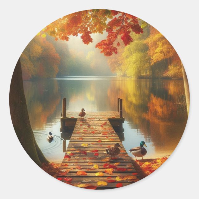 Herbstbäume & See mit Enten Runder Aufkleber (Vorderseite)