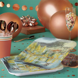 Herbstbäume und schwimmende Elche mit anpassbarem Pappteller