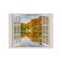 Herbstbäume und Teich durch ein offenes Fenster be