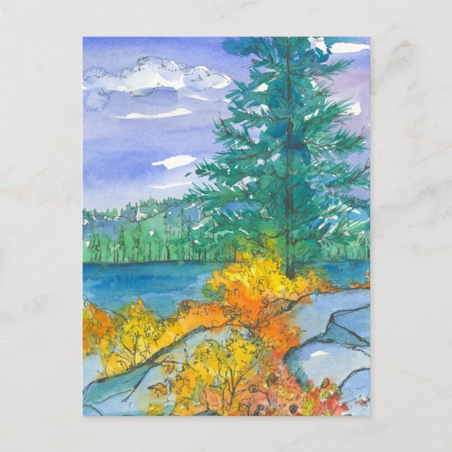 Herbstbäume Wasserfarbener See Postkarte (Vorderseite)