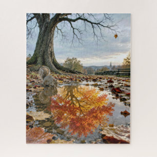 Herbstbaumspiegelung in einer Pfütze mit Eichhörnc Puzzle
