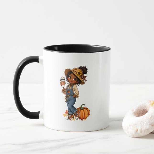 Herbstbecher mit süßem Vogelscheuchen-Mädchen Tasse (Mit Donut)