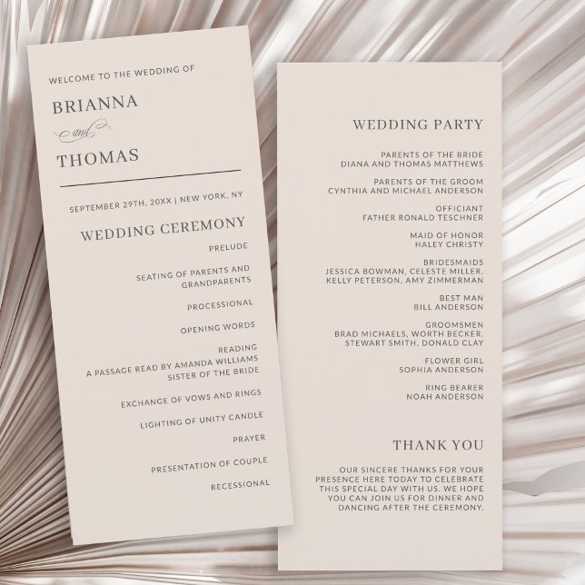 Herbstbeige Einfaches elegantes Hochzeitsprogramm (Personalize this simple elegant wedding program template with  your wedding day info.)