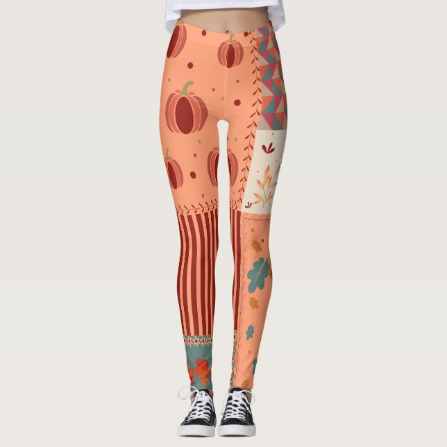 Herbstblatt-Eichen-Patchwork-Muster-Kunst Leggings (Vorderseite)