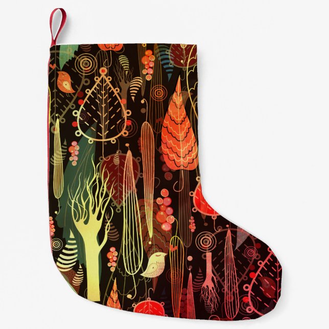 Herbstblätter: dunkles, nahtloses Muster. Kleiner Weihnachtsstrumpf (Vorderseite)