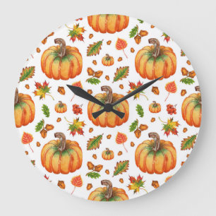 Herbstblätter, Eichen: Aquarellmuster. Große Wanduhr