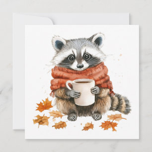 Herbstblätter gemütlicher Herbstwaschbär mit Kaffe Einladung