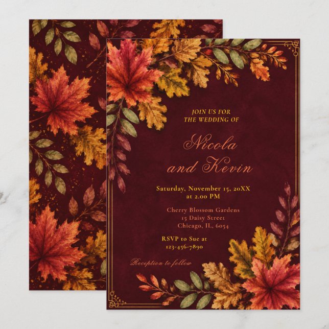 Herbstblätter Hochzeit Burgunder Einladung (Vorne/Hinten)