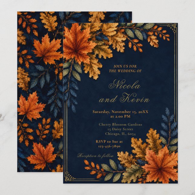 Herbstblätter Hochzeit Navy Einladung (Vorne/Hinten)