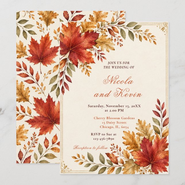 Herbstblätter Hochzeitscreme Einladung (Vorne/Hinten)