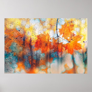 Herbstblätter in regnerischer Glasstruktur. Konzep Poster