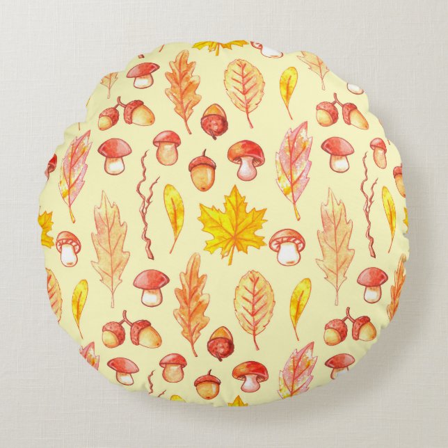 Herbstblätter: Retro-Tapete mit Aquarellfarbe Rundes Kissen (Vorderseite)