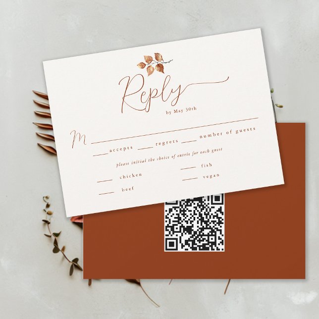 Herbstblätter Terracotta Hochzeit im Herbst QR UAW (Autumn Foliage Fall Wedding RSVP Card Meal Choice QR Code Terracotta Calligraphy Modern Elegant)