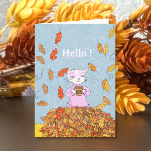 Herbstblätter und elegante Katze Leere Grußkarte Karte