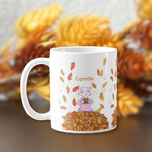 Herbstblätter und elegante Katze Personalisierter  Kaffeetasse
