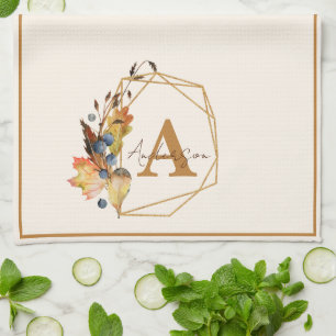 Herbstblätter und Goldrahmen personalisiert Geschirrtuch