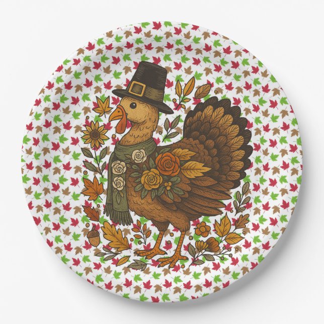 Herbstblätter und Herr Truthahn Papier-Teller Pappteller (Vorderseite)