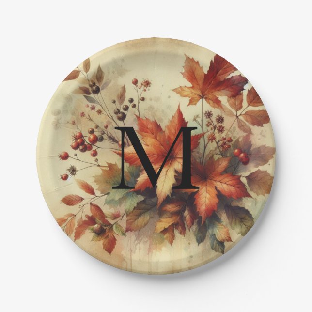 Herbstblätter vintage Aquarell Herbstfarben  Pappteller (Vorderseite)