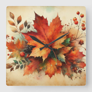 Herbstblätter vintage Aquarell Herbstfarben Quadratische Wanduhr