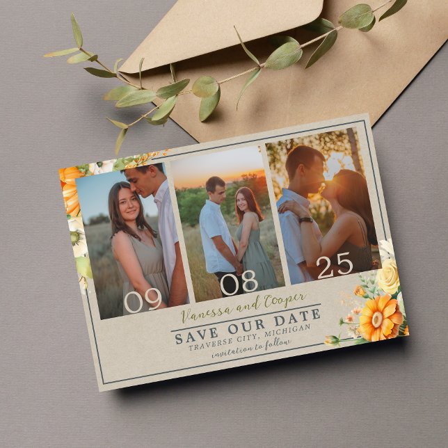 Herbstbloms Blumengrün-Orange-Hochzeit Save The Date (Von Creator hochgeladen)