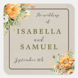 Herbstbloms floraler Fall Orange Grüne Hochzeit Quadratischer Aufkleber