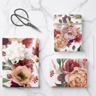 Herbstblumen Burgunderrot Orange Botanisch Floral  Geschenkpapier Set