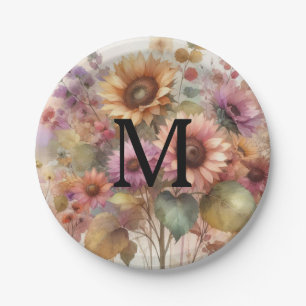 Herbstblumen und Sonnenblumen Aquarell-Pastell Pappteller