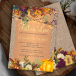 Herbstblumenbefall in der Liebe Brautparty Einladung<br><div class="desc">Eine schöne rostige Orange und dunkelbordeauxfarbene Herbstkugel mit Kürbisbändern und goldfarbenen Lichtern über einem beigen Einbruch im Hintergrund,  was einen zauberhaften Fall in der Braudusche der Liebe mit einer trendigen handgeschriebenen Goldtypografie-Schrift darstellt.          Einfach mit Ihren Daten personalisieren! Geeignet für Herbst rustikal | Land | Brautpartys auf Bauernhof.</div>