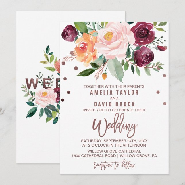 Herbstblumenhochzeit - Rose Gold Light Typografy Einladung (Vorne/Hinten)