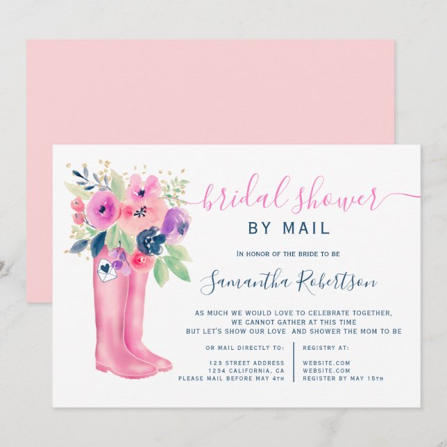 Herbstblumenstiefel Aquarell Brautparty per Post Einladung (Vorne/Hinten)