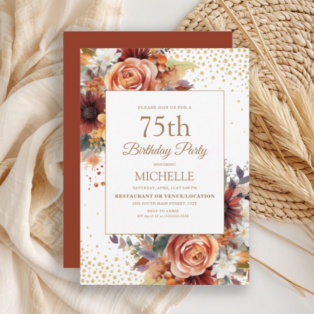 Herbstblütengolden Glitzer 75. Geburtstag Einladung (Rustic autumn floral, burnt orange and terracotta watercolor floral 75th birthday party invitation)