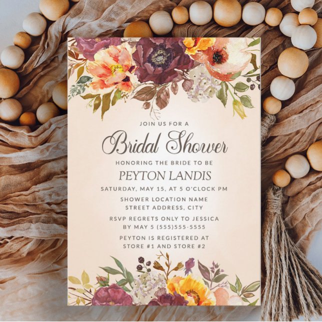 Herbstblütenrost-Brautparty Einladung (Burgundy and orange floral fall bridal shower invitation)
