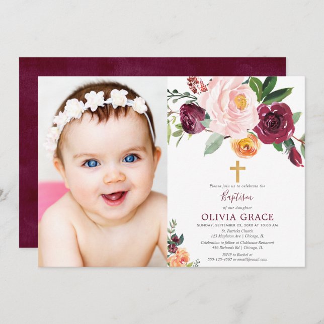 Herbstblütenrot Rosa Taufe Foto Einladung (Vorne/Hinten)