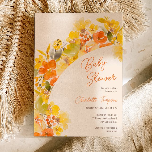 Herbstbohgelbe Blumen Drehbuch Babydusche Einladung (Fall boho yellow flowers script baby shower invitation on ivory)