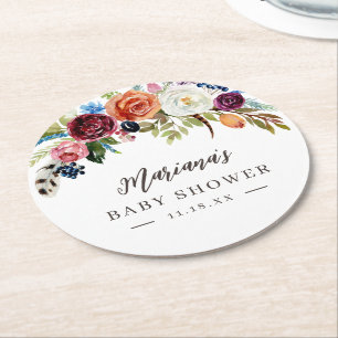 Herbstboho blubt Personalisierte Babydusche Runder Pappuntersetzer