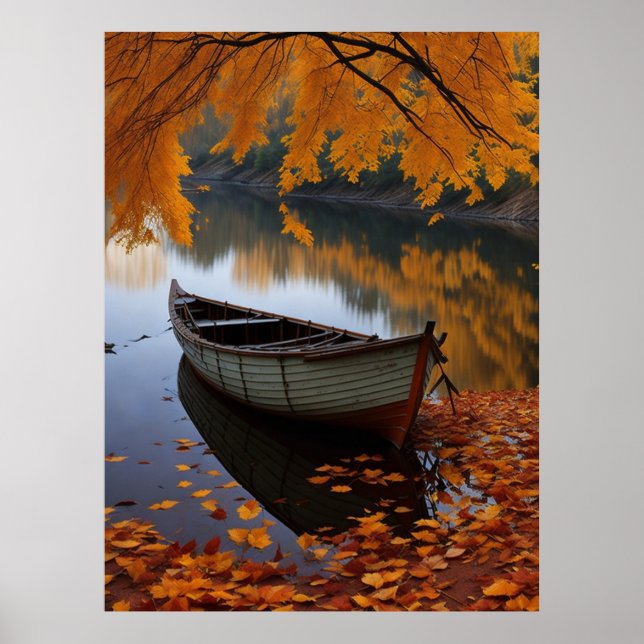 Herbstboot auf einem ruhigen Fluss Wall Art Poster (Vorne)