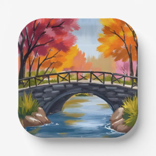 Herbstbrücke Herbstlaub Aquarell Natur Pappteller