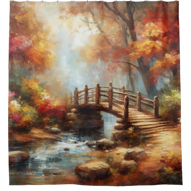 "Herbstbrücke über Serene Stream" Duschvorhang (Vorderseite)