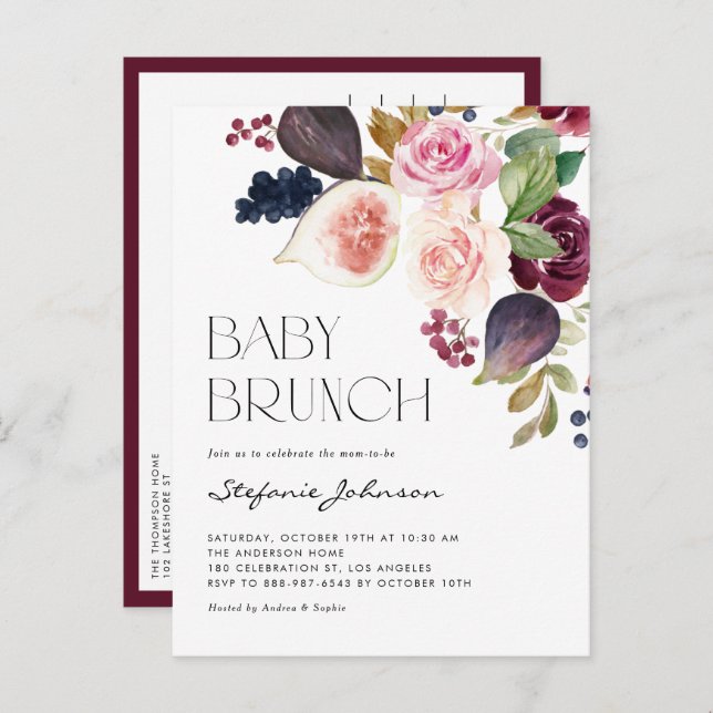 Herbstburgund-Blume und Figes Fall Baby Brunch Einladungspostkarte (Vorne/Hinten)