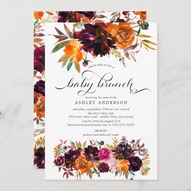 Herbstburgundy & Orange Floral Baby Brunch Einladung (Vorne/Hinten)