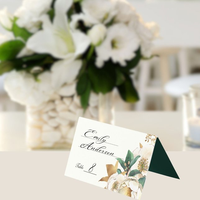 Herbstcreme-Rose und Deep Emerald Green (Autumn wedding watercolor roses table or escort card)