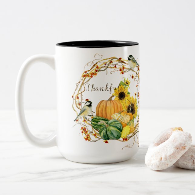 Herbstdankend Sonnenblume Pumpkin Wasserfarbe Zweifarbige Tasse (Mit Donut)